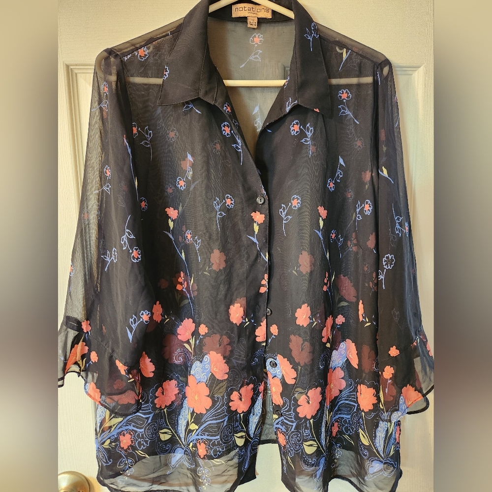 Notations Sheer Black Top with Vibrant Floral Design